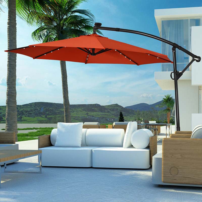 10 FT Patio Offset Umbrella with Solar Lights 360�� Rotation Outdoor Market Umbrella with Crank Handle & Cross Base