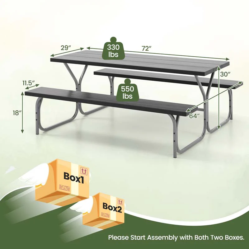 6 FT 8-Person Outdoor Large Picnic Table Bench Set with Umbrella Hole, Metal Frame, All-Weather HDPE Tabletop