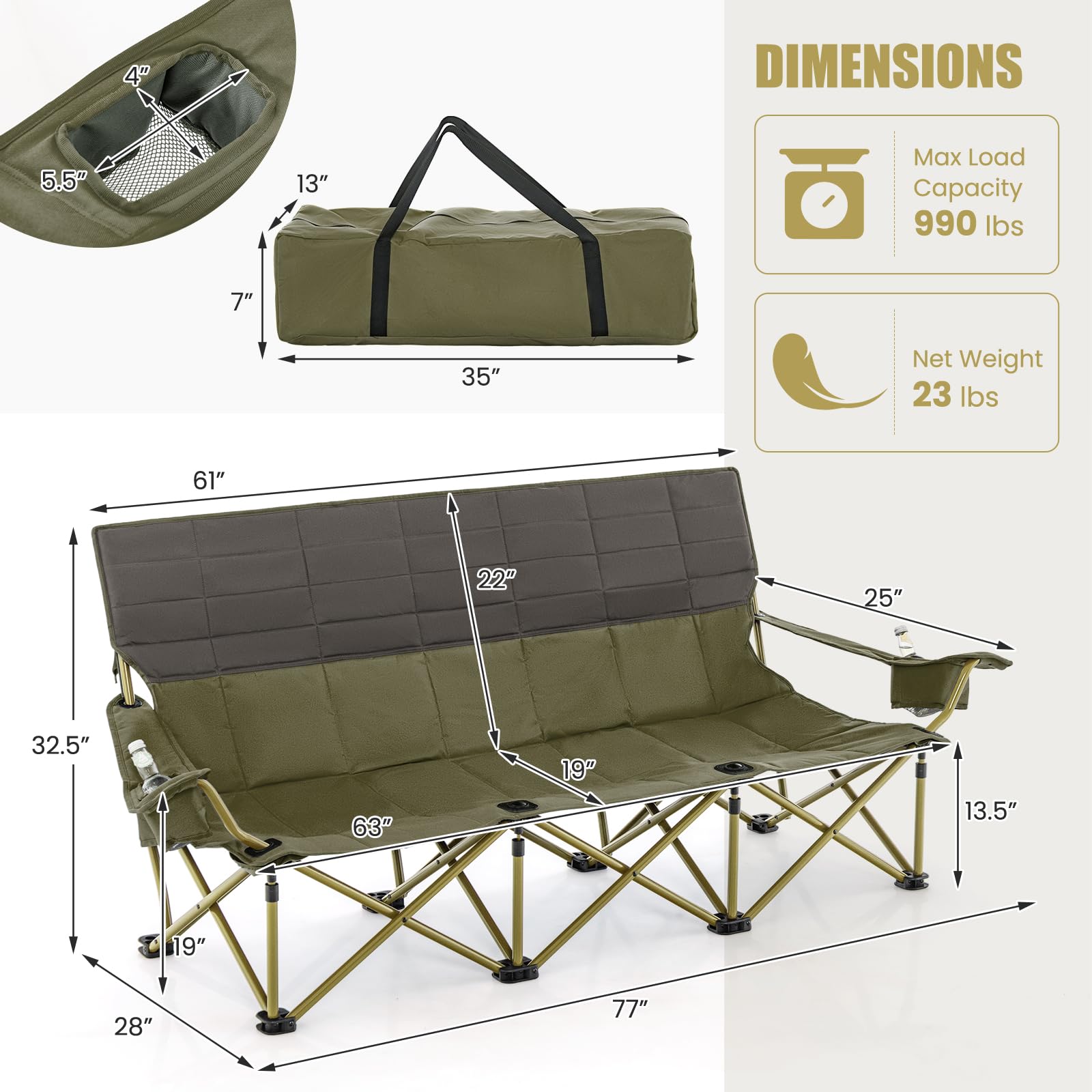 3 Person Camping Chair for Adults, Outdoor Folding Oversized Camping Couch Chair (3-Person Seat)