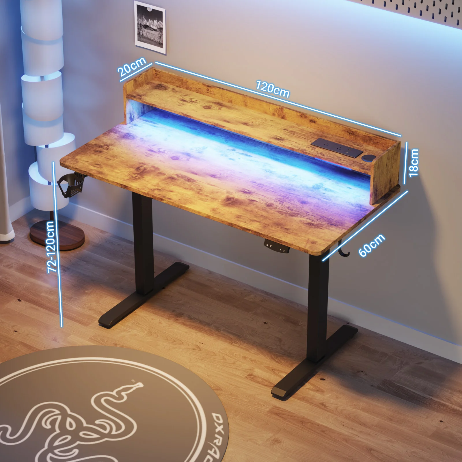 LED RGB Light Electric Standing Desk Brown