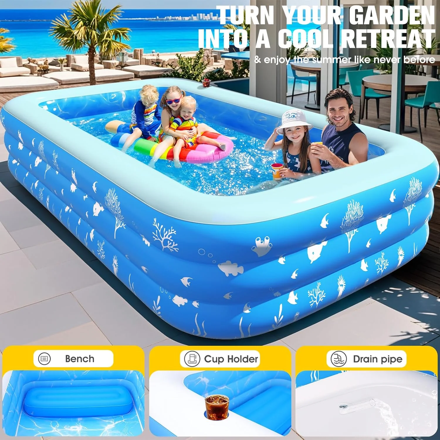 Inflatable Pool with Seat and Pool Lights, Durable Thickened Large Size Family Inflatable Pools for Adults Blow Up Pools,105