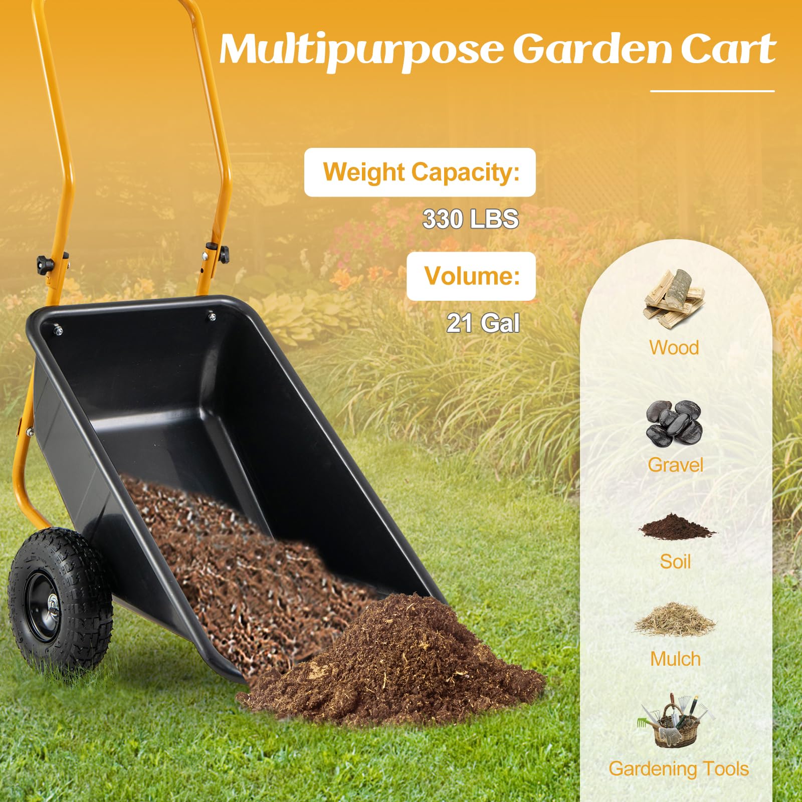 Dual-Wheel Wheelbarrow, Heavy-Duty Garden Utility Cart w/Pneumatic Tires, 330LBS Capacity