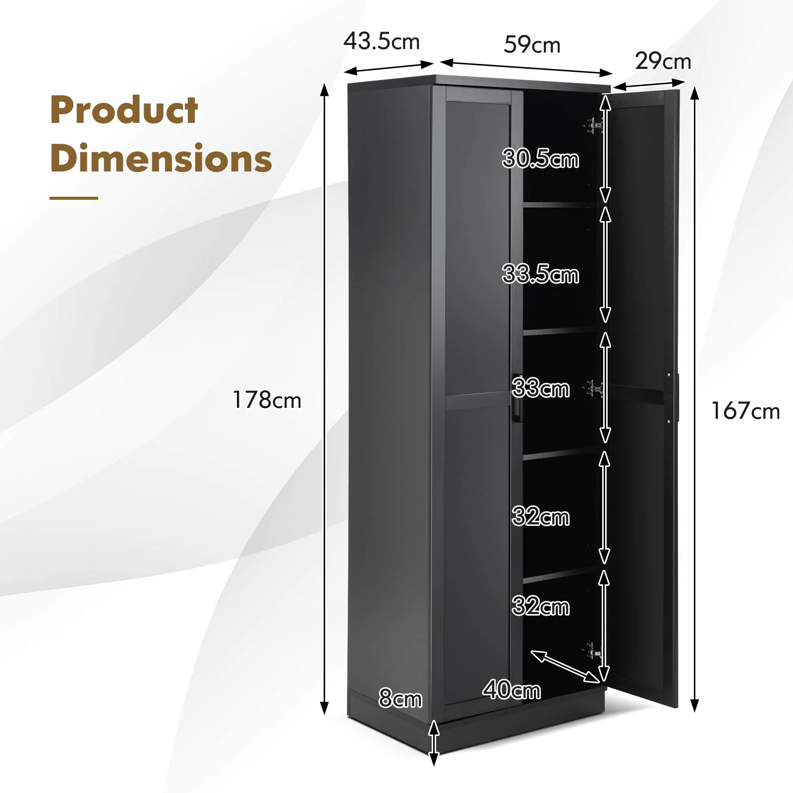Giantex 178 cm Kitchen Pantry Cabinet, Utility Storage Cabinet w/ 2 Doors & 5 Shelves