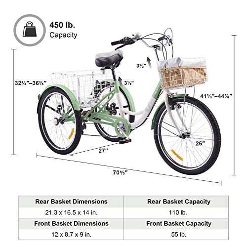 Viribus Adult Tricycle 7-Speed, 24��� Wheels, High Carbon Steel Frame, Front & Rear Baskets, Adjustable Saddle