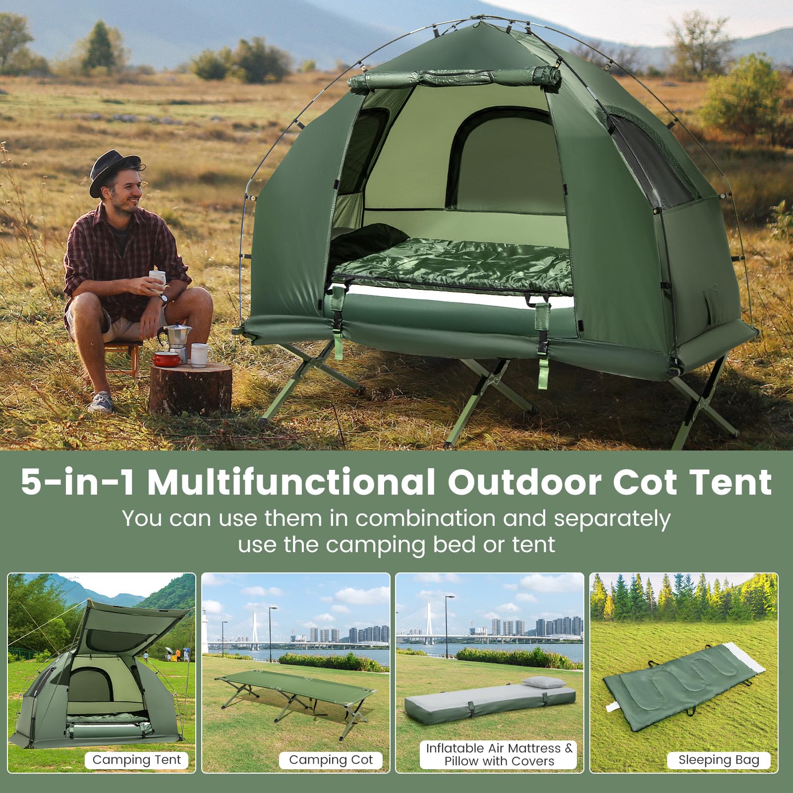 Camping Tent Cot, 5-in-1 Folding Camping Bed with Air Mattress, Pillow, Sleeping Bag, Waterproof Elevated Tent Shelter