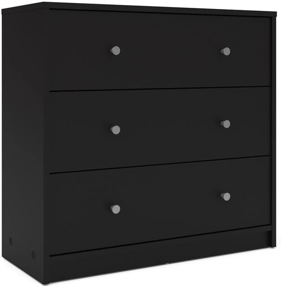 3-Pc Scandinavian Design Engineered Wood Bedroom Furniture Set with 3-Drawer Chest & 6-Drawer Double Dresser & 1-Drawer Nightstand, Pewter Plastic Handles, Smooth Plastic Glides, in Black
