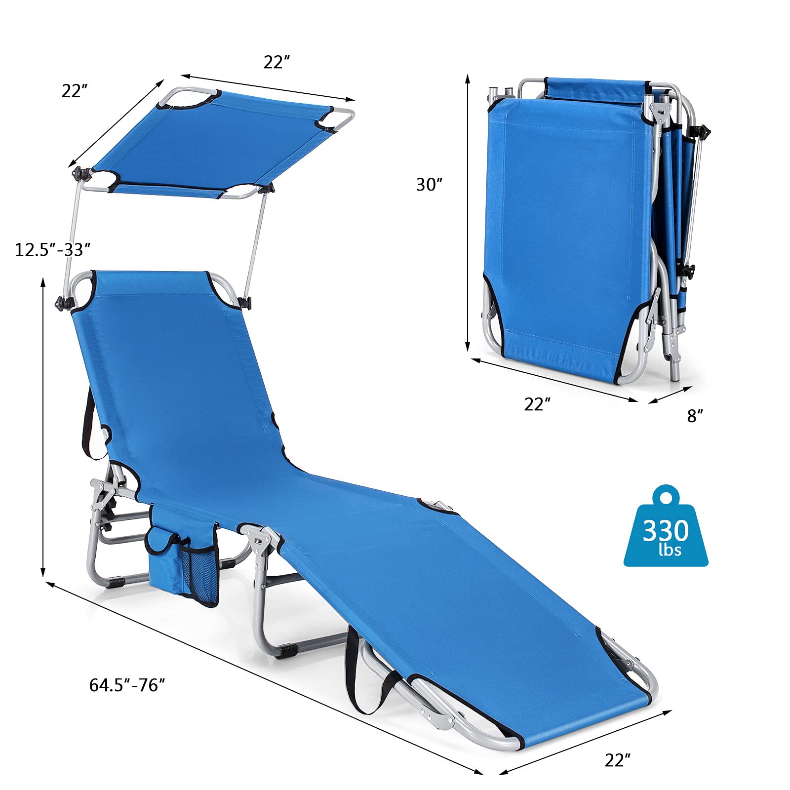 Folding Lounge Chair w/Shade Canopy and Storage Pocket