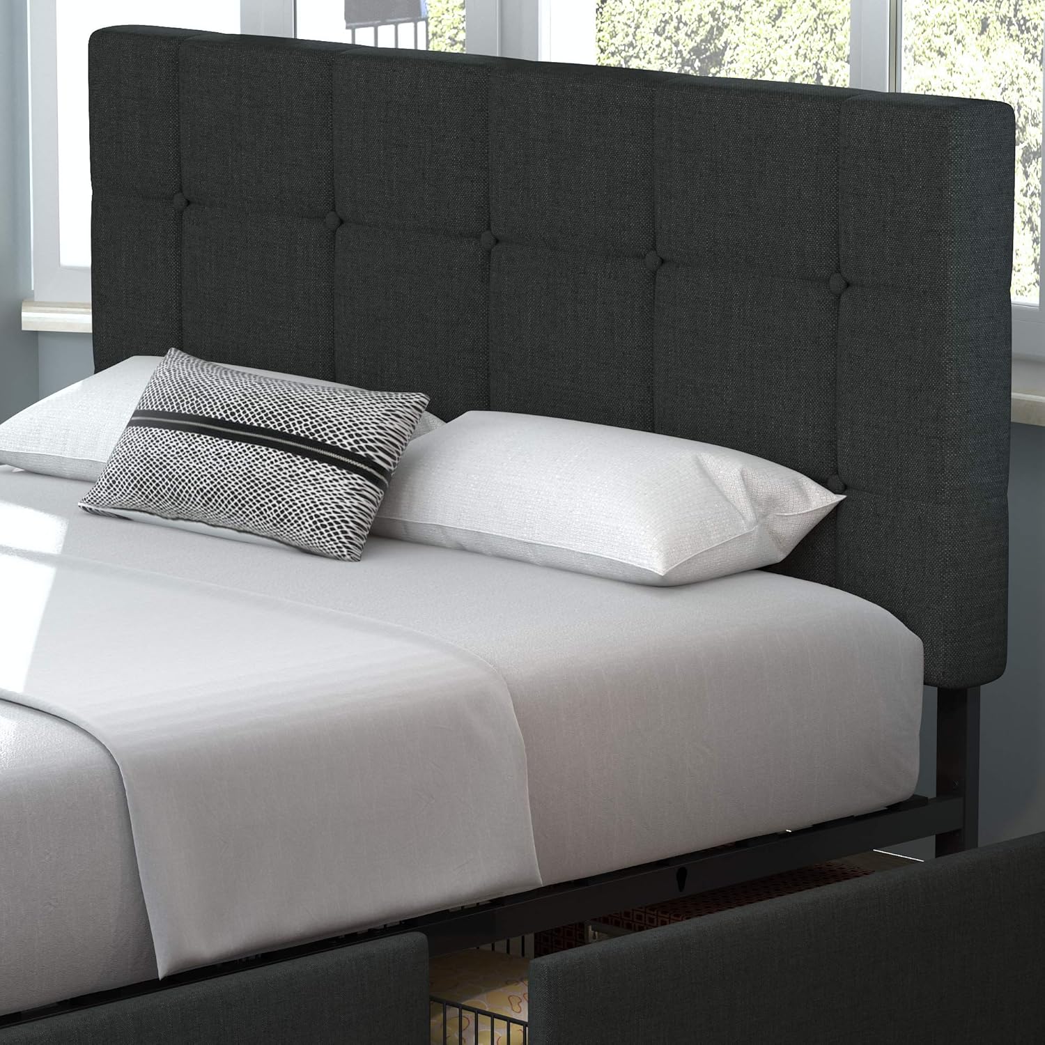 Allewie Upholstered Queen Size Platform Bed Frame with 4 Storage Drawers and Headboard, Square Stitched Button Tufted, Mattress Foundation with Wooden Slats Support, No Box Spring Needed, Light Grey