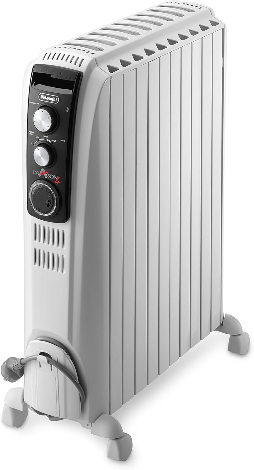 De'Longhi Dragon 4 Electric Oil Column Heater TRD42400MT, 11 Fin Home Heater for Medium to Large Rooms, Long-Lasting Heat, Safety Thermostat, 3 Power Settings, 24-Hour Timer, 2400W, White
