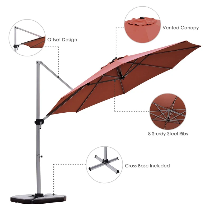 11 FT Patio Offset Cantilever Umbrella 360�� Rotation Tilt with Cross Base & Crank Handle