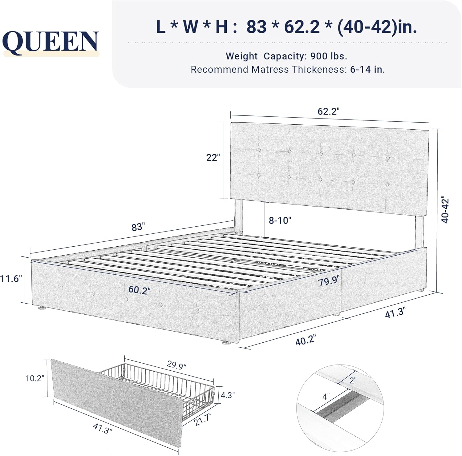Allewie Upholstered Queen Size Platform Bed Frame with 4 Storage Drawers and Headboard, Square Stitched Button Tufted, Mattress Foundation with Wooden Slats Support, No Box Spring Needed, Light Grey