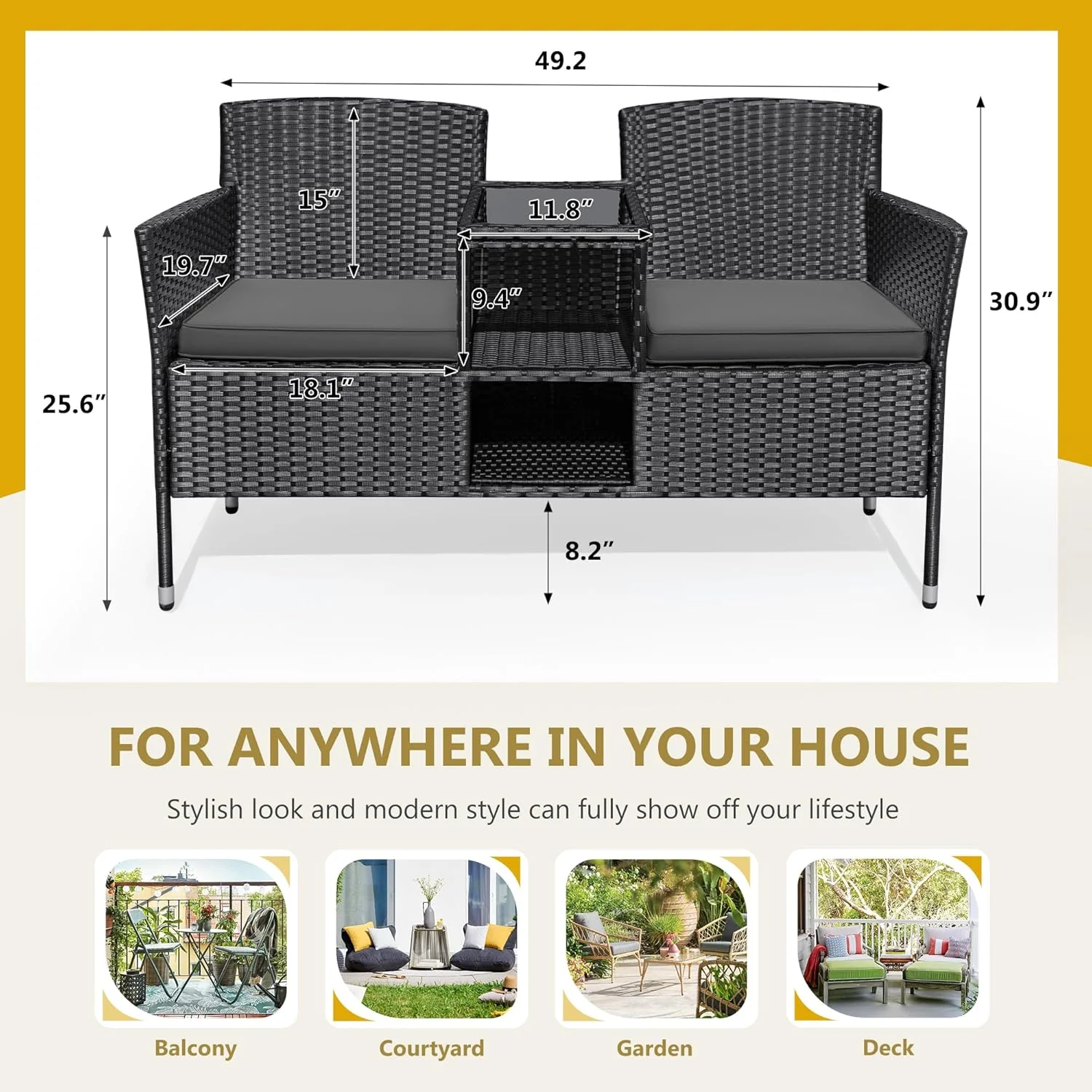 Outdoor Furniture Patio Loveseat Wicker 2-Seat with Built-in Table and Cushions Rattan Porch Chairs Bench for Balcony, Lawn, Backyard (Beige)