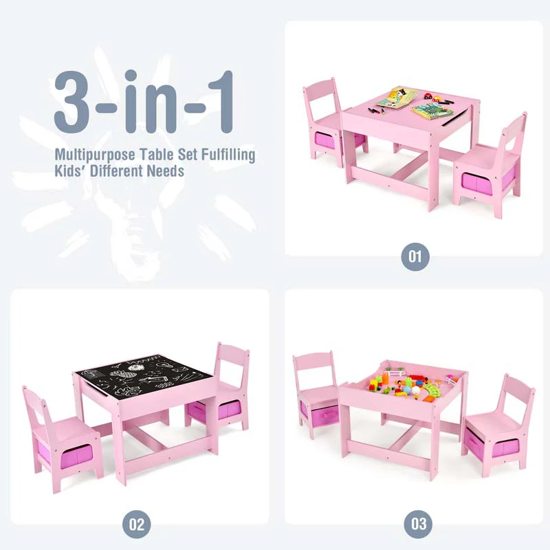 3-in-1 Kids Wood Table Chairs Set with Blackboard & Storage Drawers, Children Multi Activity Table for Learning Playing Drawing