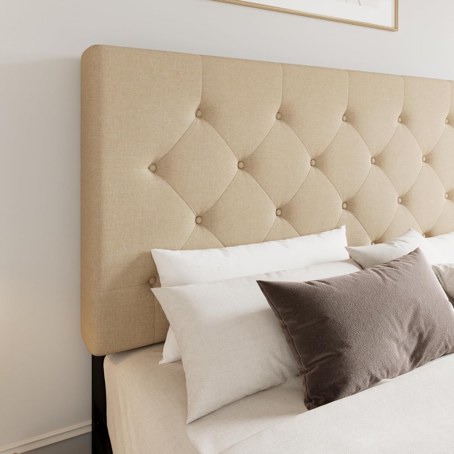 Allewie Upholstered Queen Size Platform Bed Frame with 4 Storage Drawers and Headboard, Square Stitched Button Tufted, Mattress Foundation with Wooden Slats Support, No Box Spring Needed, Light Grey