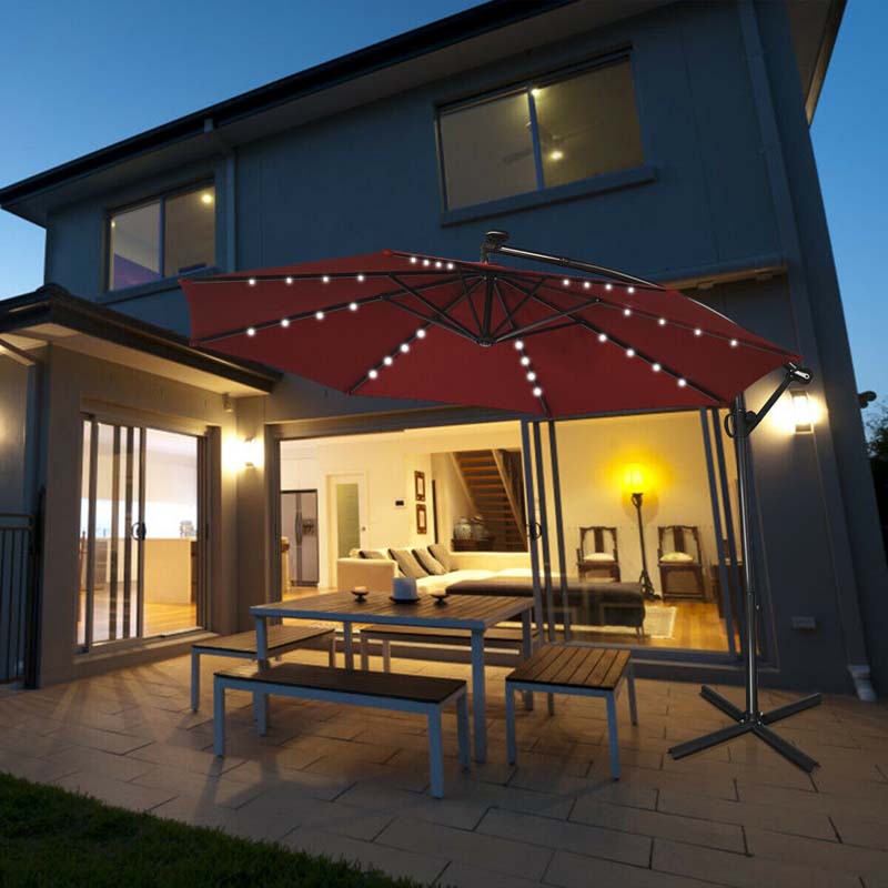 10 FT Patio Offset Umbrella with Solar Lights 360�� Rotation Outdoor Market Umbrella with Crank Handle & Cross Base