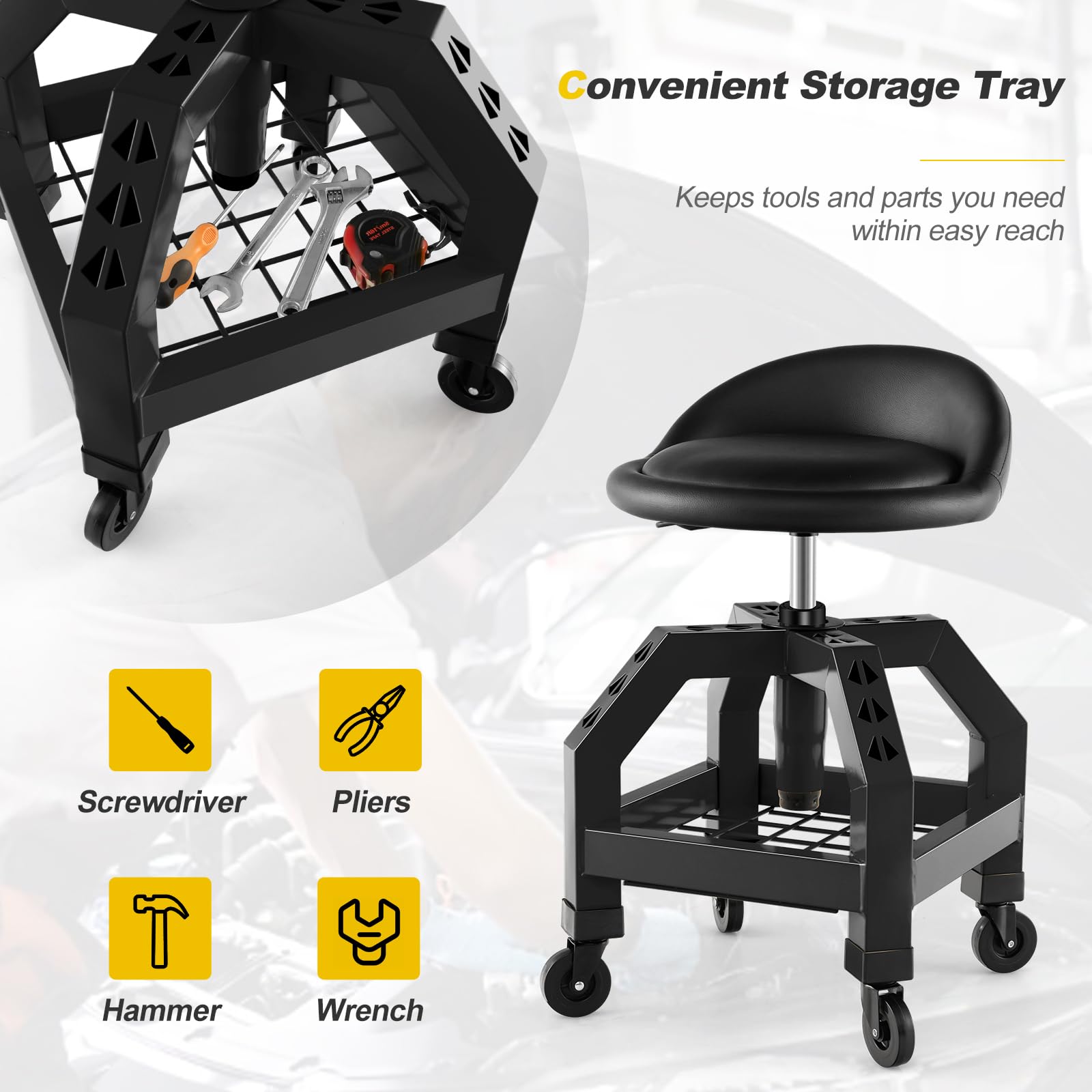 Mechanic Stool with Wheels, Adjustable Height Swivel Shop Stool Roller Seat with Tool Tray
