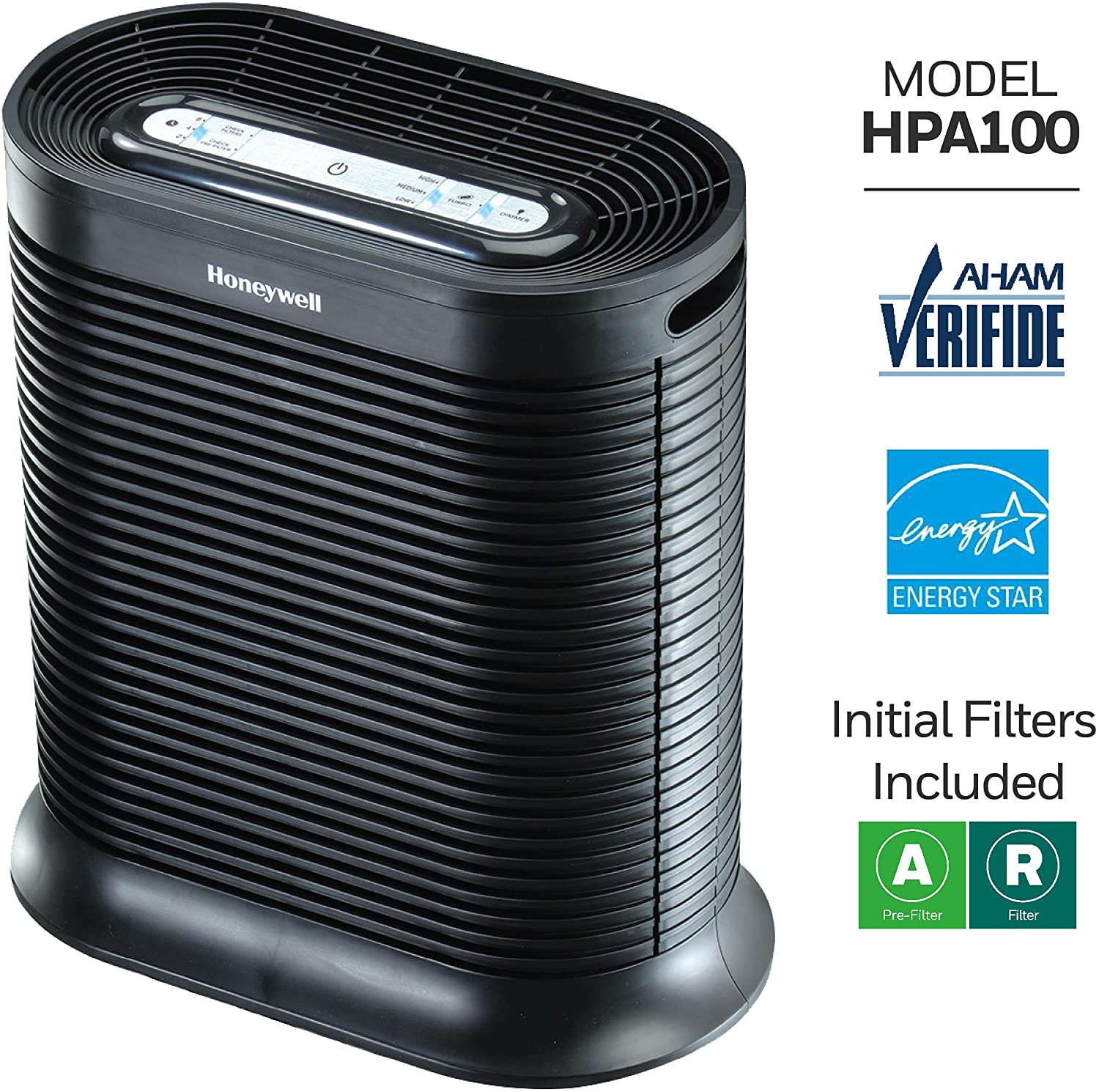 Honeywell HPA100 HEPA Air Purifier for Medium Rooms, 155 sq. ft, Allergen Plus Series, 4 Cleaning Levels