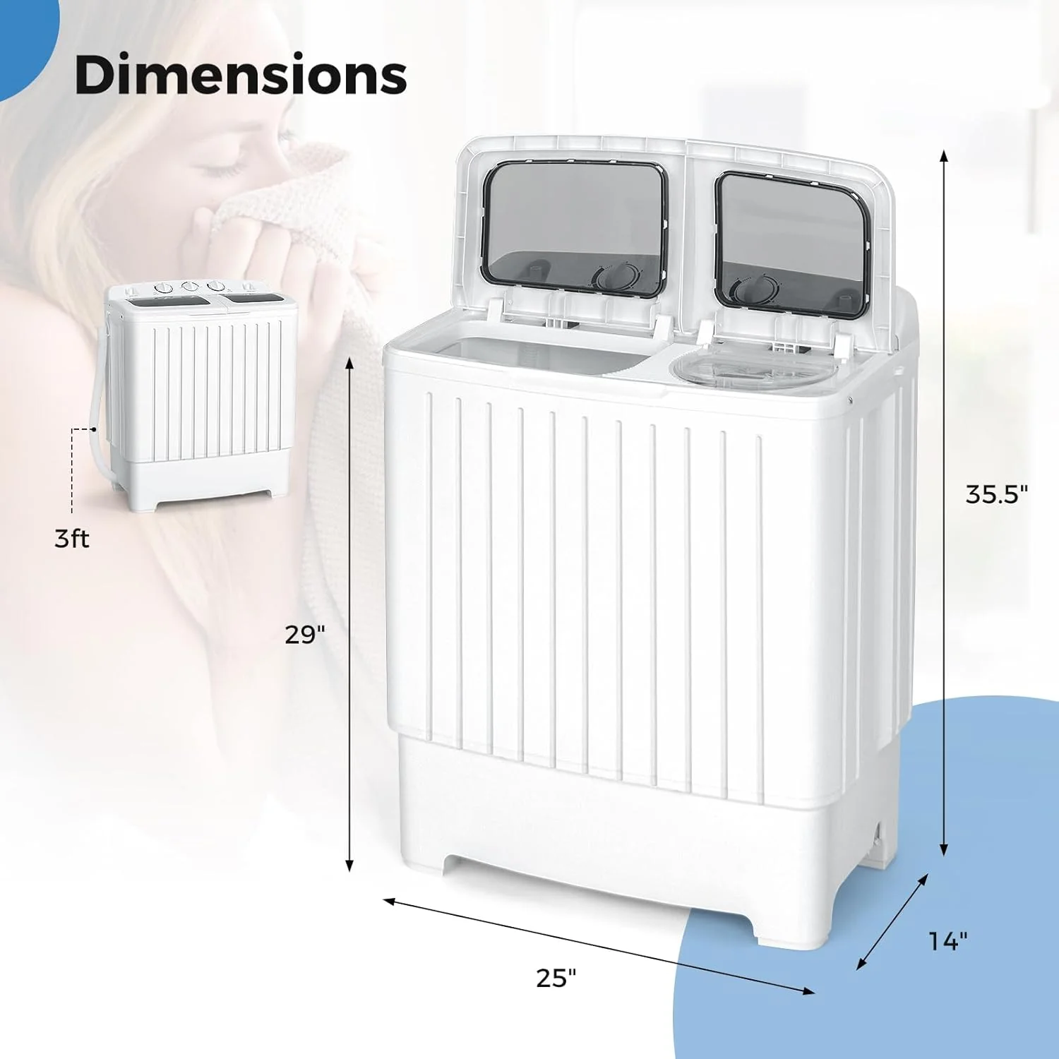 Portable Washing Machine, Twin Tub 20 Lbs Capacity, Washer(12 Lbs) and Spinner(8 Lbs), Durable Design, Timer Control, Compact Laundry Washer for RV, Apartments and Dorms, Grey+White