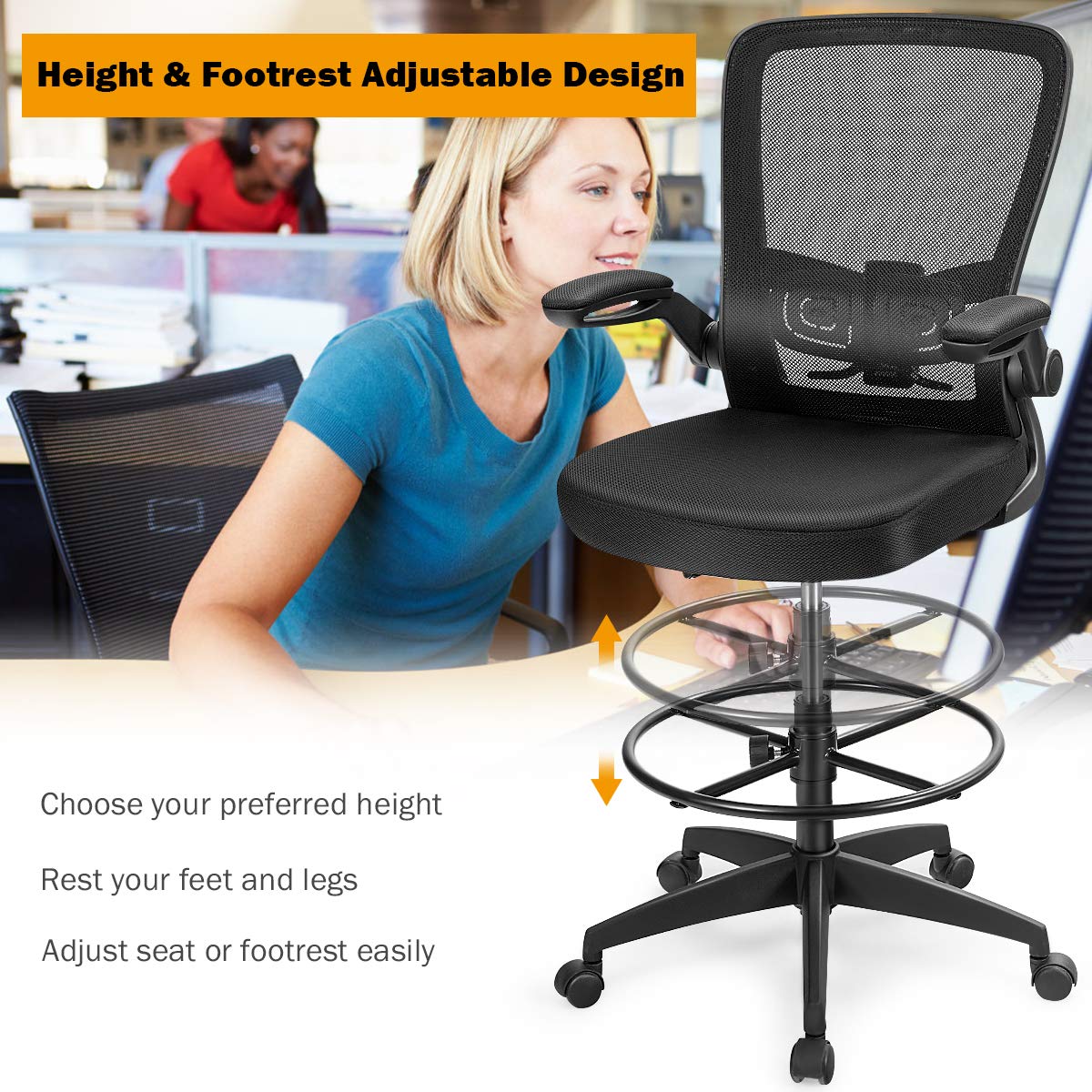 Giantex Adjustable Drafting Chair, 360?? Swivel Designed Mesh Fabric Chair, Executive Chair for Working Studying Gaming