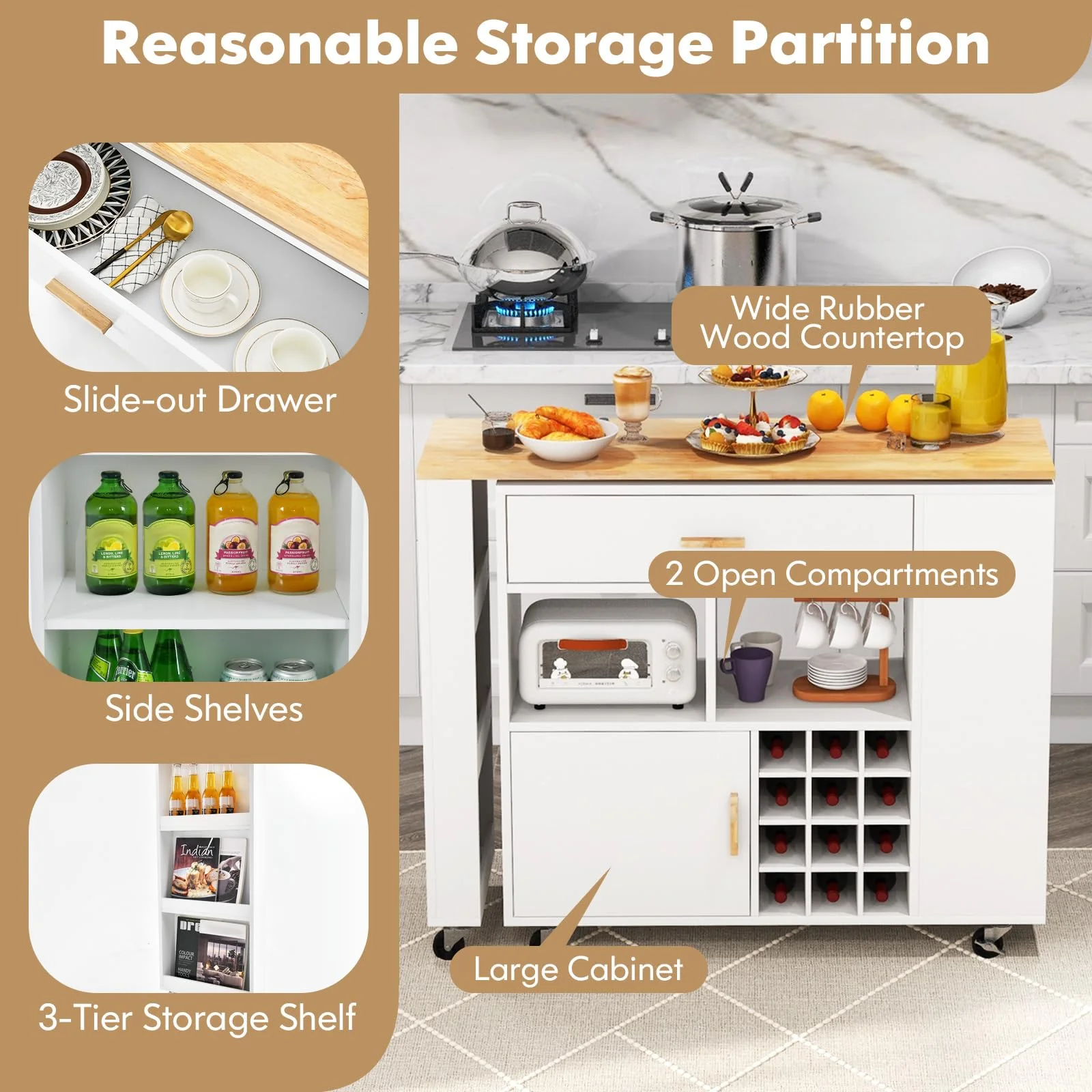 Giantex Kitchen Island Cart Bar Table Combo, 2-in-1 Reversible Mobile Serving Cart