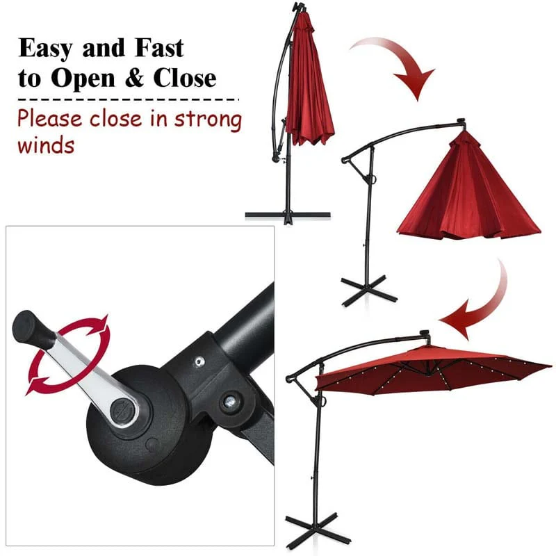 10 FT Patio Offset Umbrella with Solar Lights 360�� Rotation Outdoor Market Umbrella with Crank Handle & Cross Base