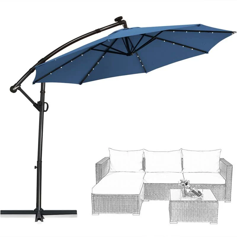 10 FT Patio Offset Umbrella with Solar Lights 360�� Rotation Outdoor Market Umbrella with Crank Handle & Cross Base