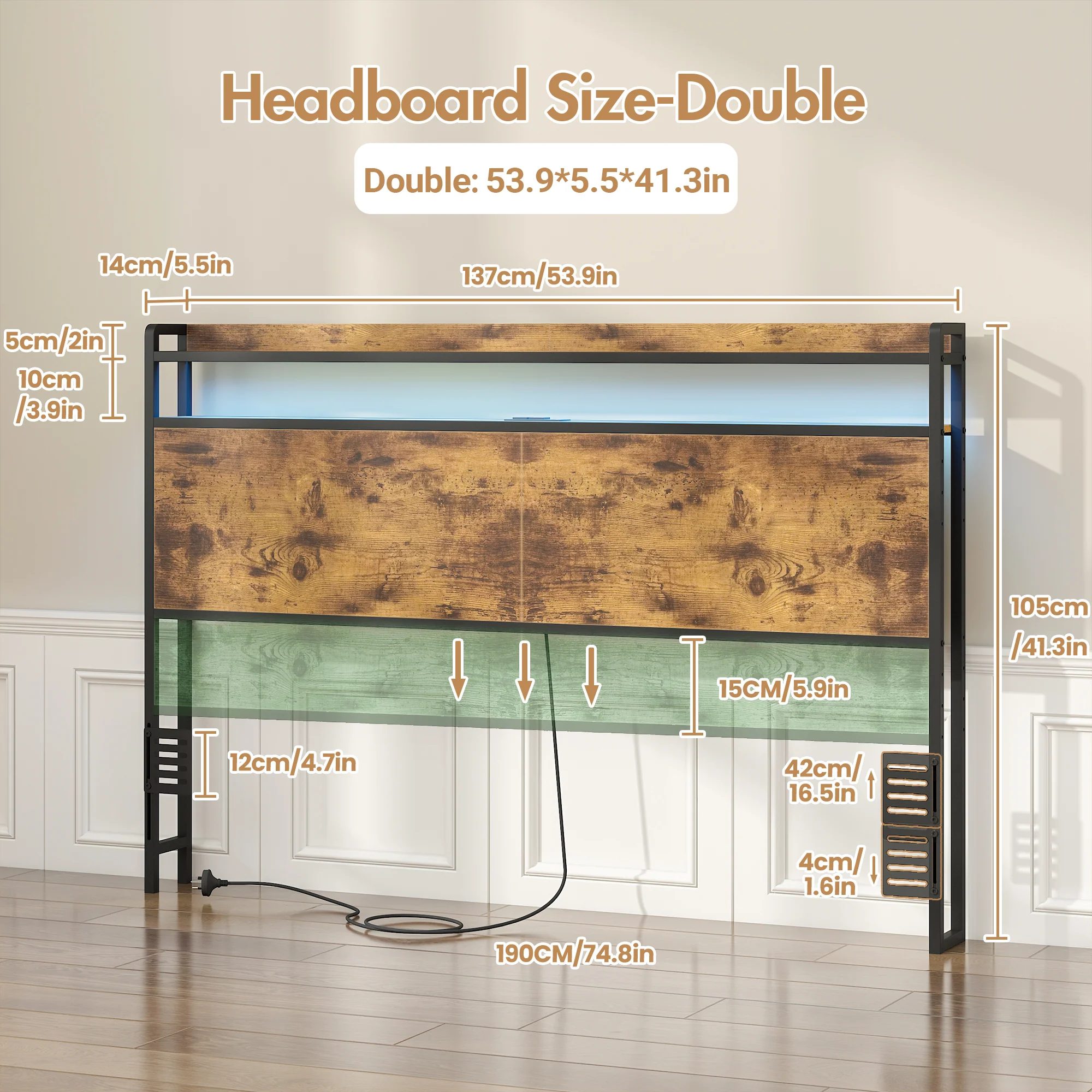 Storage Headboard with LED Light Charging Station