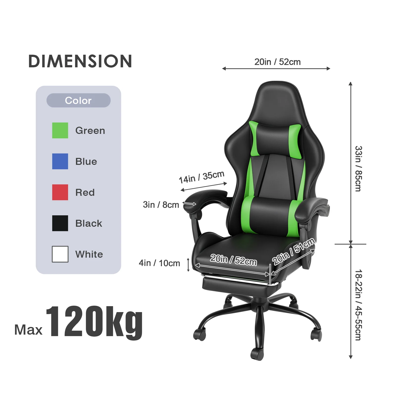 Gaming Chair Massage Lumbar with Footrest Green