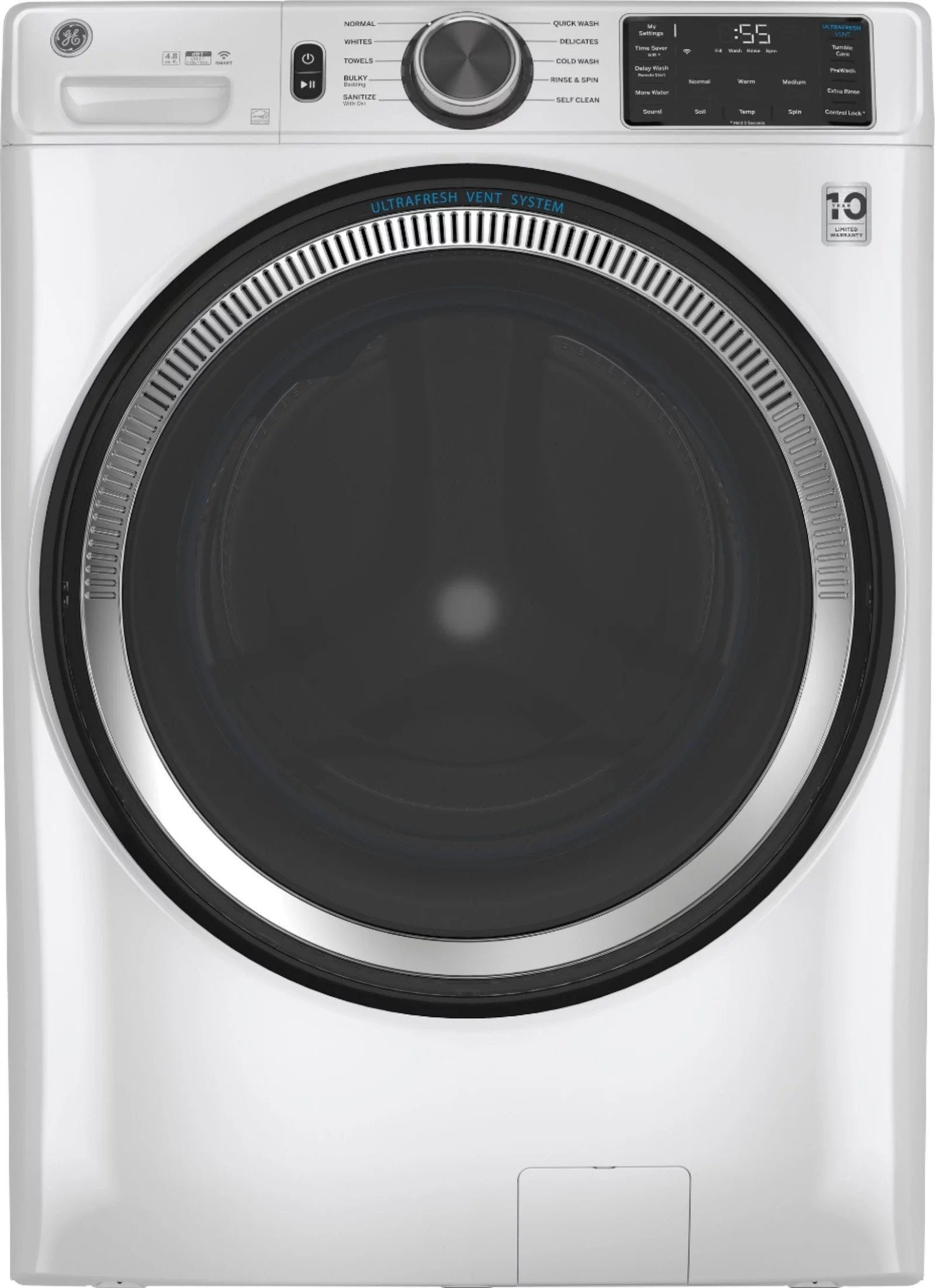 GE �C 4.8 CuFt High-Efficiency Stackable Smart Front Load Washer w/UltraFresh Vent System & Microban Antimicrobial Technology �C White on white