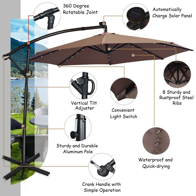 10 FT Patio Offset Umbrella with Solar Lights 360�� Rotation Outdoor Market Umbrella with Crank Handle & Cross Base