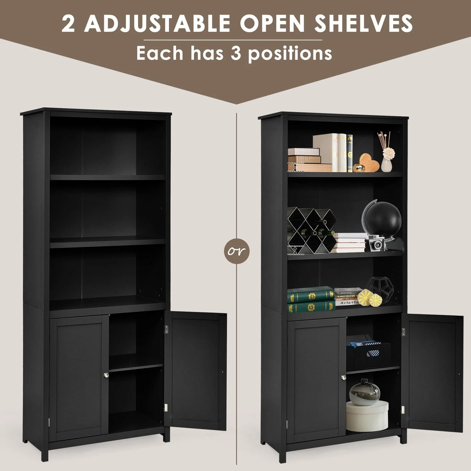 Giantex 182CM Bookcase with Doors, 3 Tier Open Book Shelving, Standing Wooden Display Bookcase