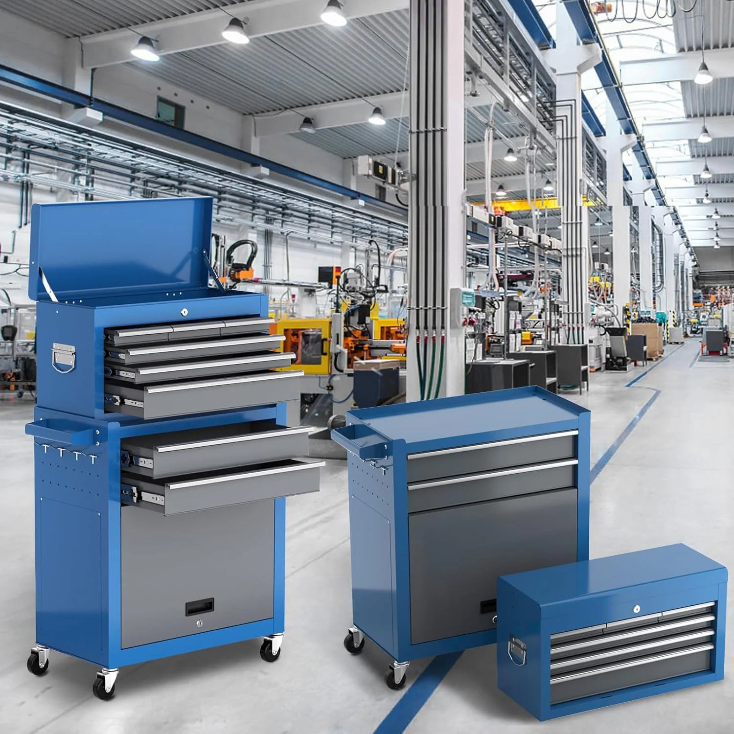 Tool Chest 8-Drawer | 42'' Large Rolling Tool Chest with Wheels | Detachable Top Metal Tool Box | Garage Storage Cabinet for Repair Room,Warehouse | Rolling Tool Box with Hooks,Liners,Tray Divider