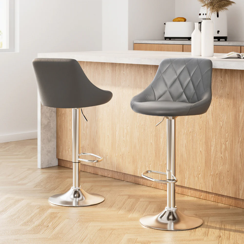Artiss 2x Bar Stools Leather Padded Gas Lift Grey