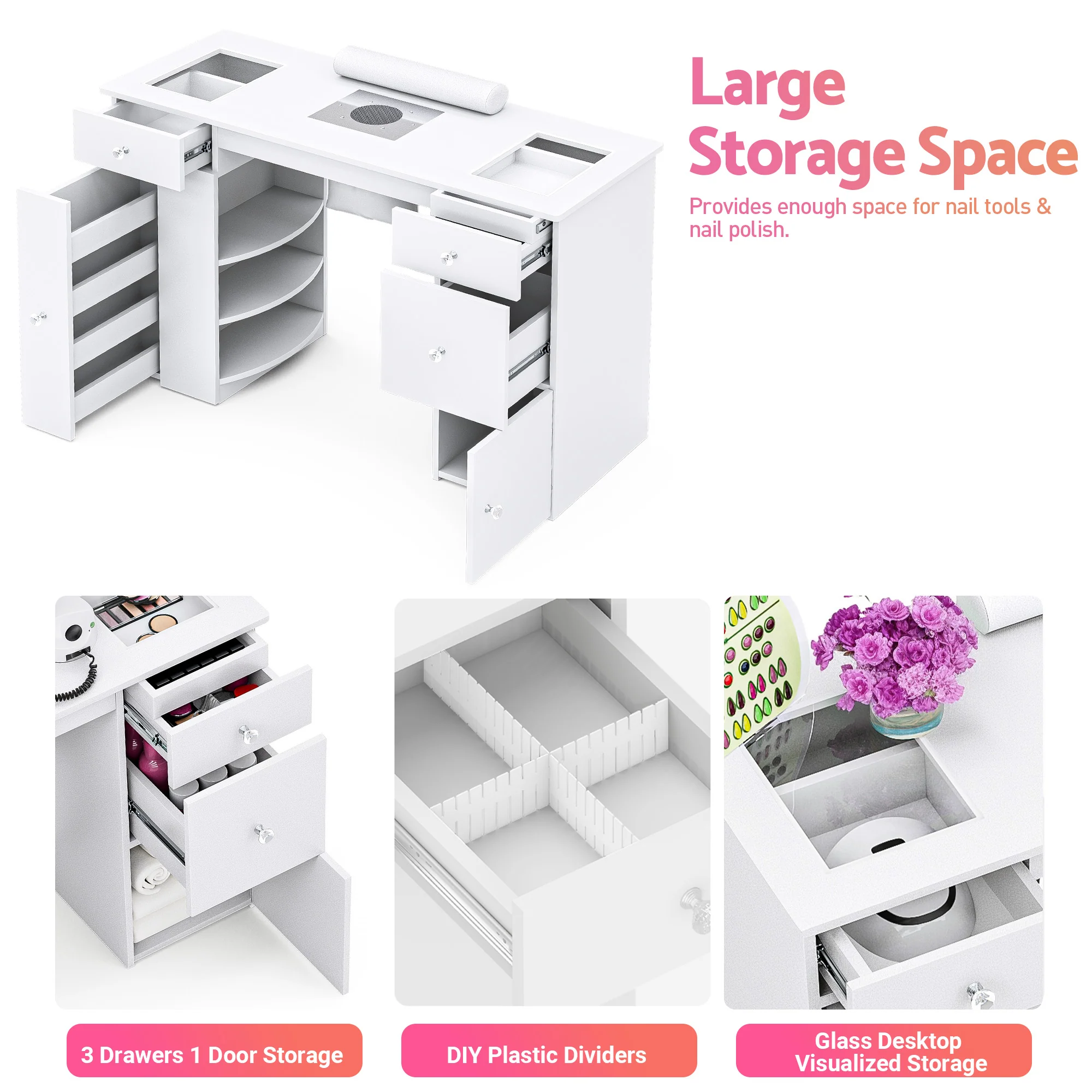 Manicure Table Glass Top w/Dust Collector