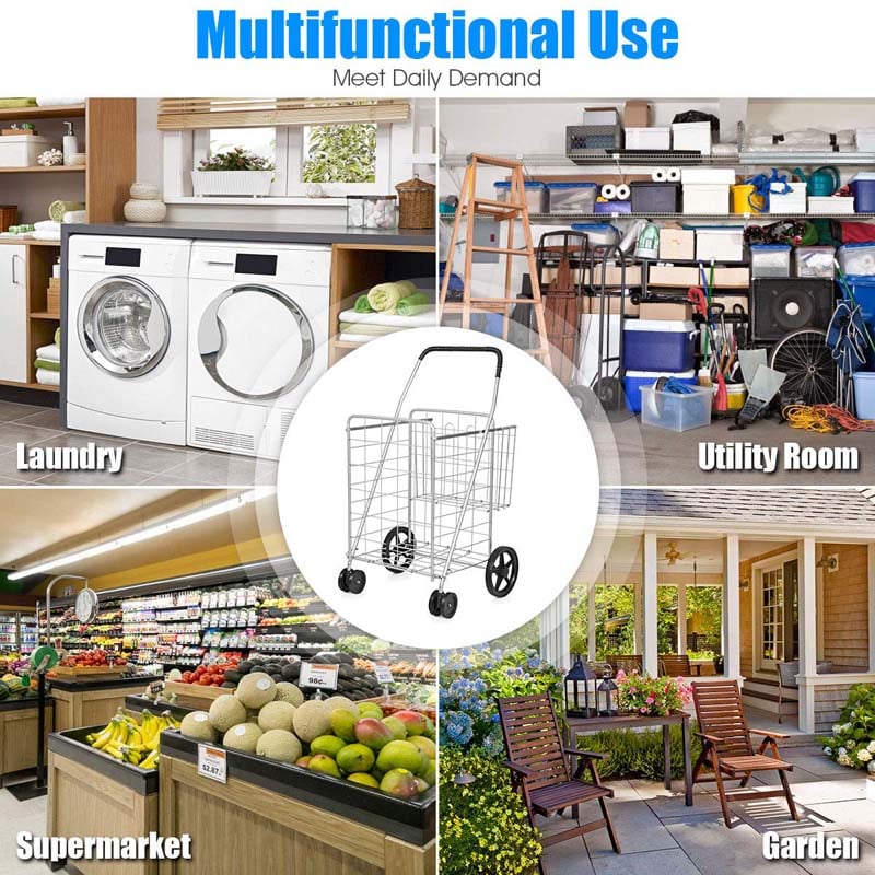 Jumbo Folding Shopping Cart Large Rolling Grocery Utility Cart with Double Basket & 360�� Swivel Wheels