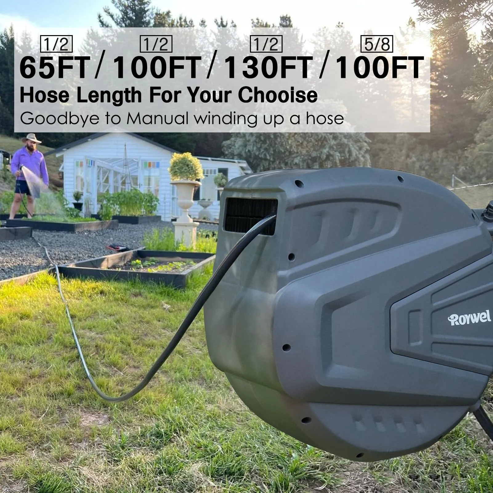 Roywel Garden Hose Reel with Retractable Hose 65ft x 1/2