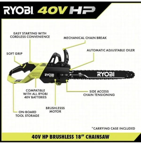 Ryobi 18��� 40V Cordless Chainsaw Kit with Battery & Charger, Green