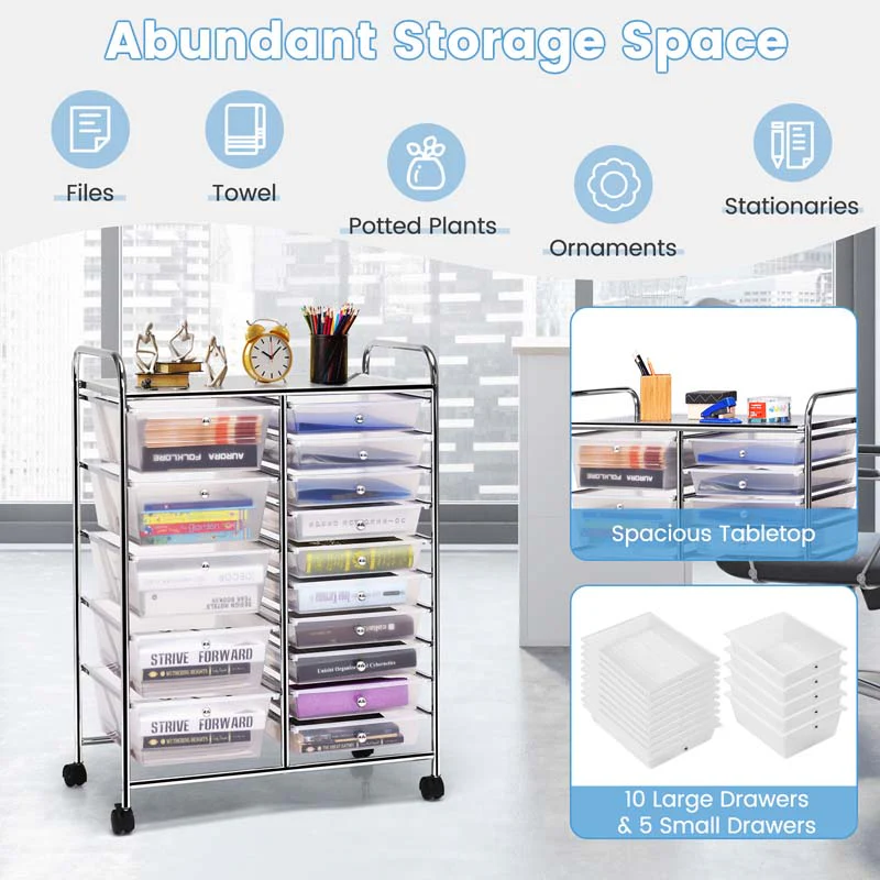 15-Drawer Storage Drawer Cart Tools Scrapbook Paper Organizer Cart Office School Utility Cart Rolling Storage Cart with Wheels
