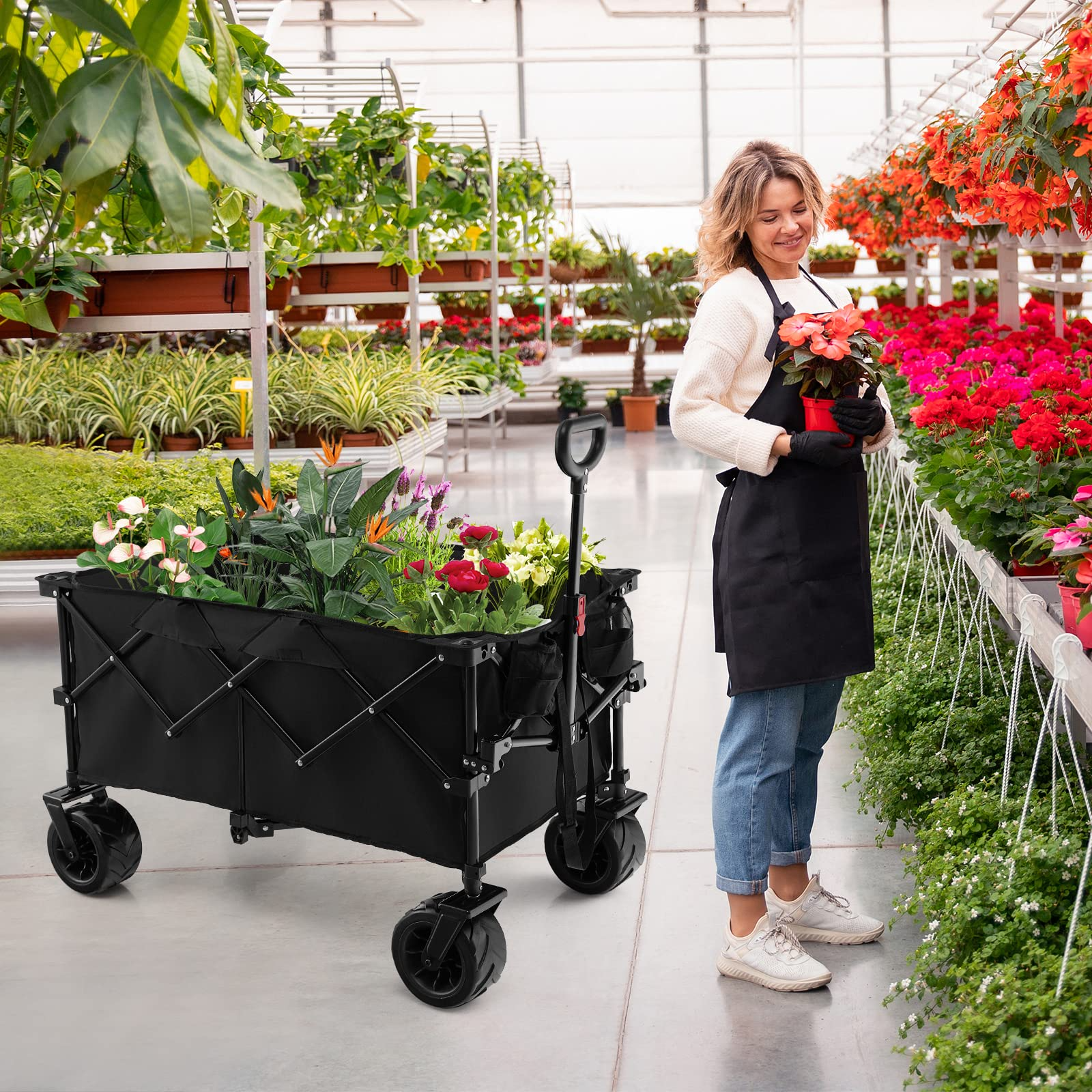 Collapsible Wagon Cart, Foldable Heavy Duty Utility Wagon with Adjustable Handle