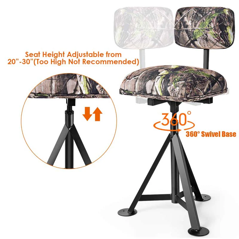 360�� Camo Swivel Hunting Chair for Outdoor Activities, Height Adjustable Tripod Blind Stool Chair with Detachable Backrest, Padded seat