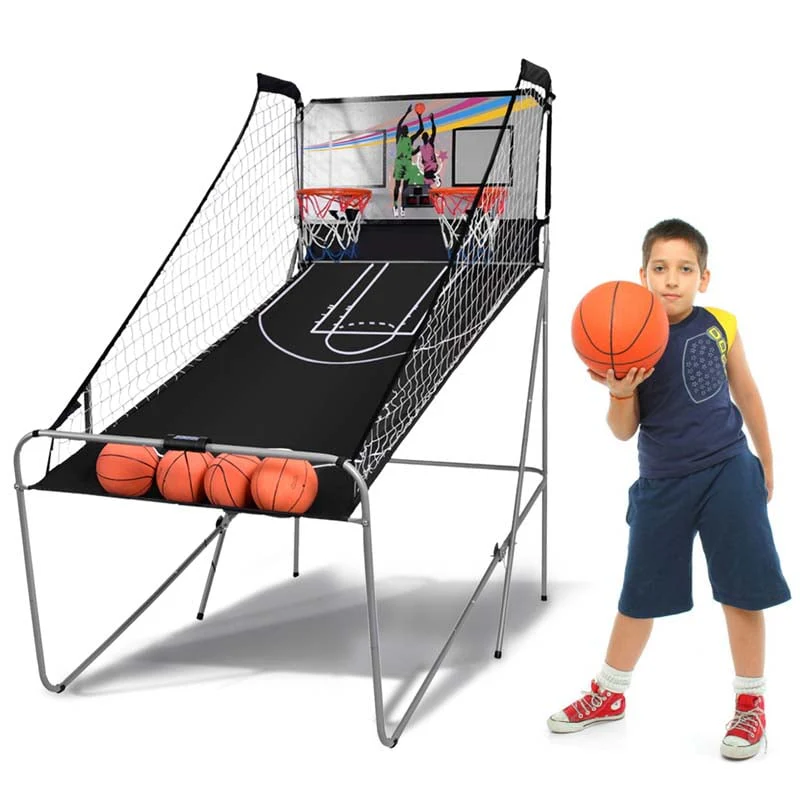 2 Player Foldable Basketball Arcade Game with 4 Balls, Indoor Double Shot Electronic Basketball Game