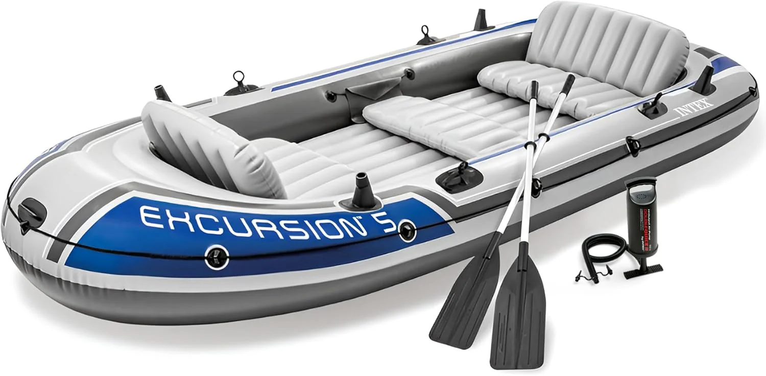 Excursion Inflatable Boat Series: Includes Deluxe 54in Boat Oars and High-Output Pump �C SuperTough PVC �C Adjustable Seats with Backrest �C Fishing Rod Holders �C Welded Oar Locks