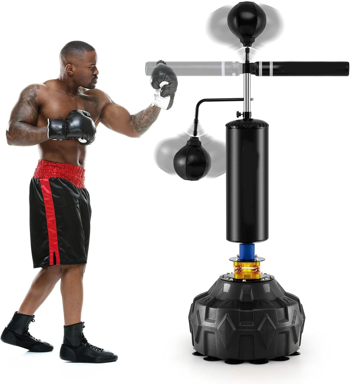 Costway Boxing Speed Trainer, Freestanding 360°Spinning Bar w/Dual Boxing Speed Balls, Punching Bag, Adjustable Height & Fillable Base for MMA Reflex Skills, Home Boxing Equipment for Teens Adults