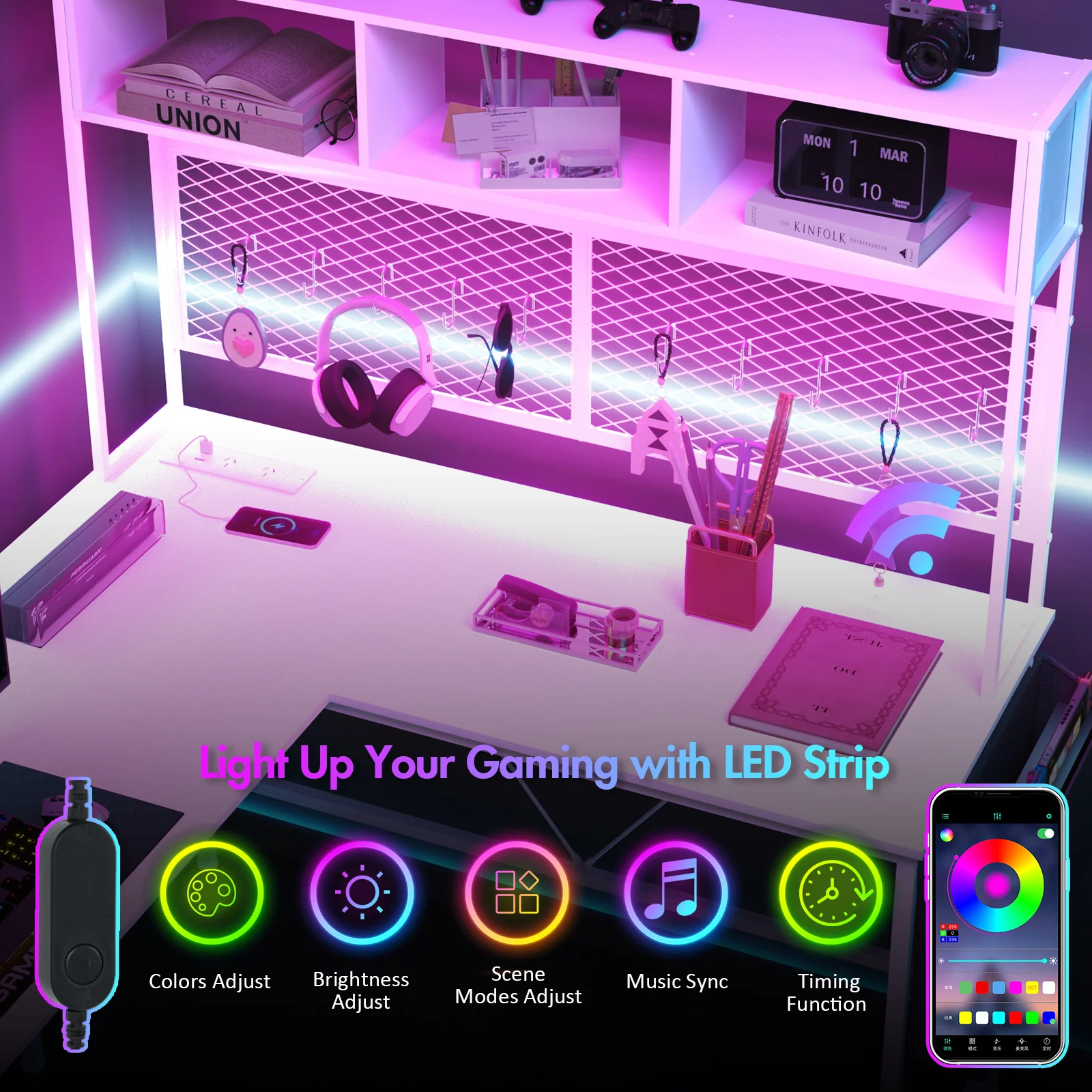 L Shaped Gaming Desk with LED Lights &  Storage Shelf