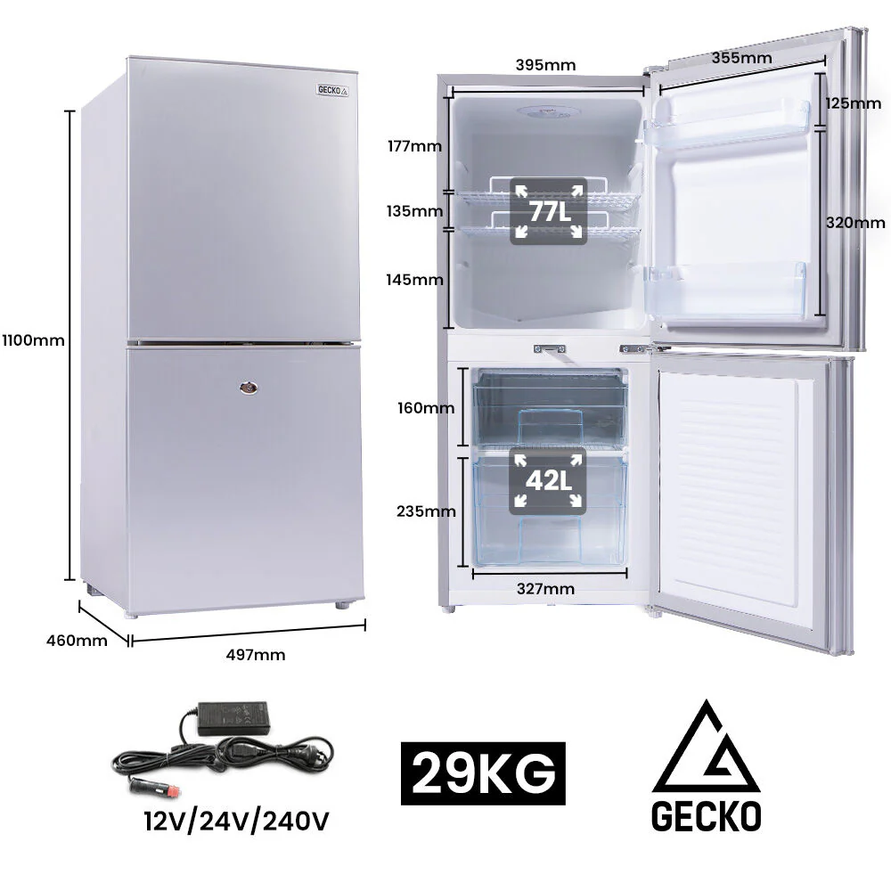 GECKO 119L Upright Portable Fridge / Freezer, 12V/24V for Motorhome and Caravan, Silver