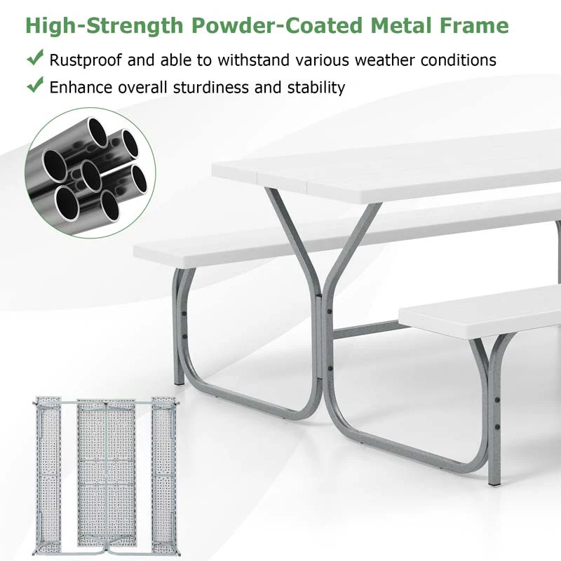 6 FT 8-Person Outdoor Large Picnic Table Bench Set with Umbrella Hole, Metal Frame, All-Weather HDPE Tabletop