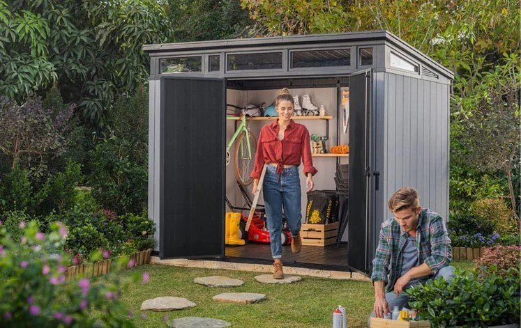 Keter Artisan 9��7 Foot Large Outdoor Shed with Floor with Modern Design for Patio Furniture