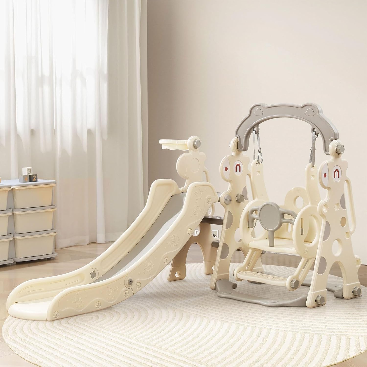 Bopeep 4 in 1 Kids Slide and Swing Set, with Climber Steps Basketball Hoop Indoor Outdoor Playground Activity Centre Toy Stairs Playset Equipment,Beige