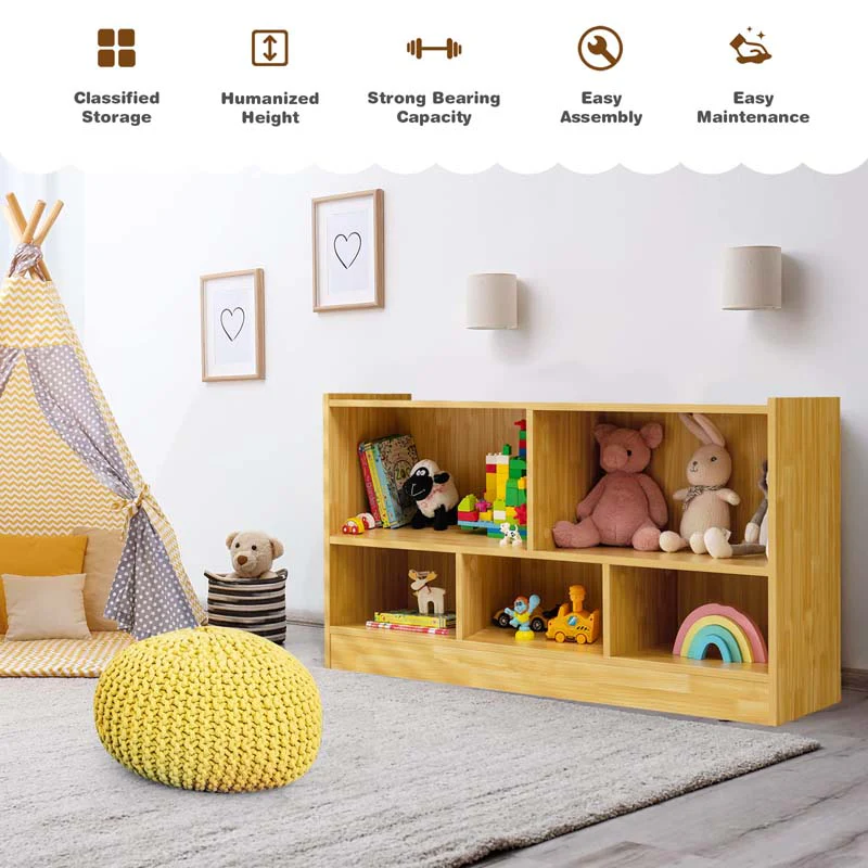 2-Shelf Kids Bookcase 5-Cube Wood Toy Storage Cabinet Organizer for Classroom, Playroom, Nursery, Kindergarten