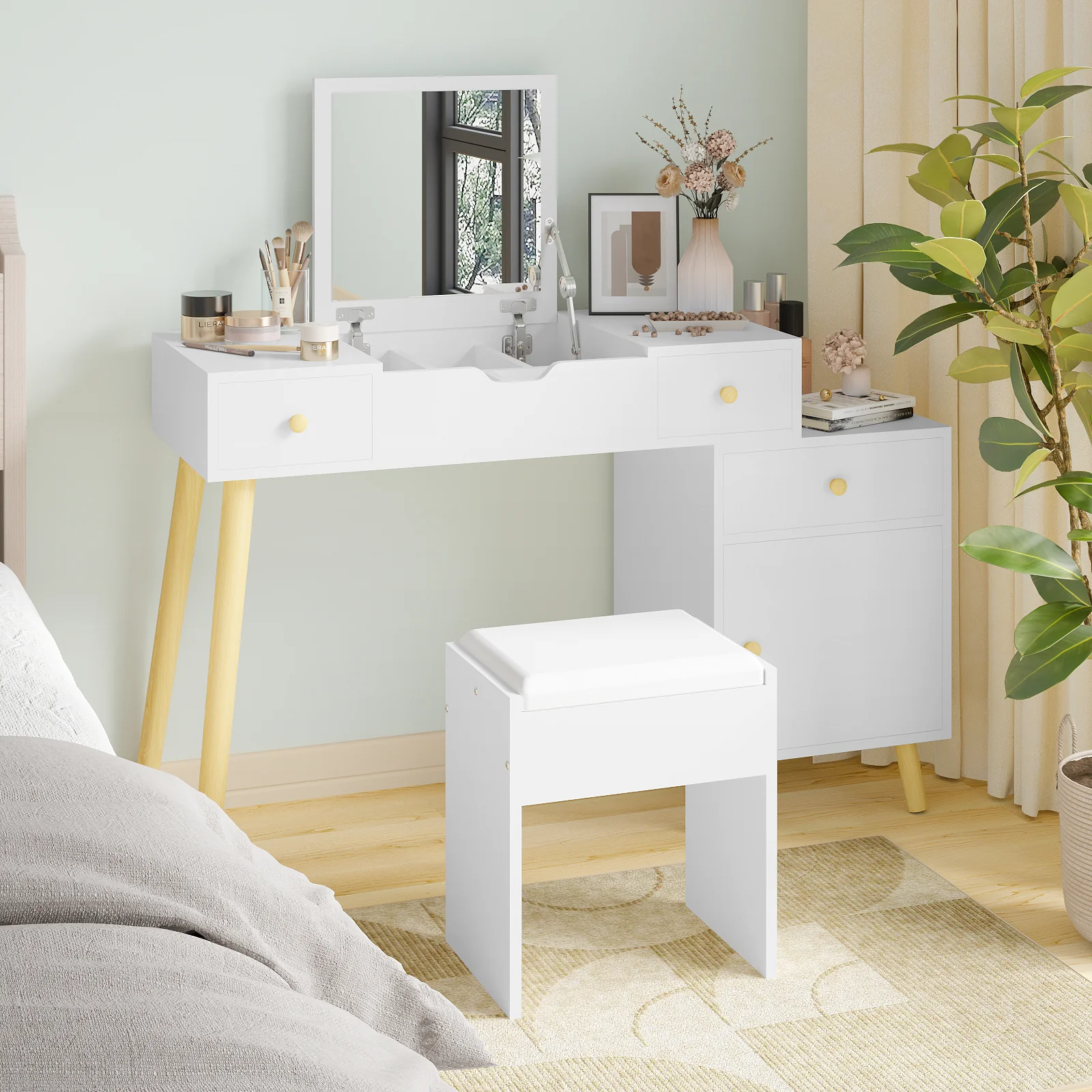 Dressing Table Stool Set Vanity Desk with Flip Top Mirror